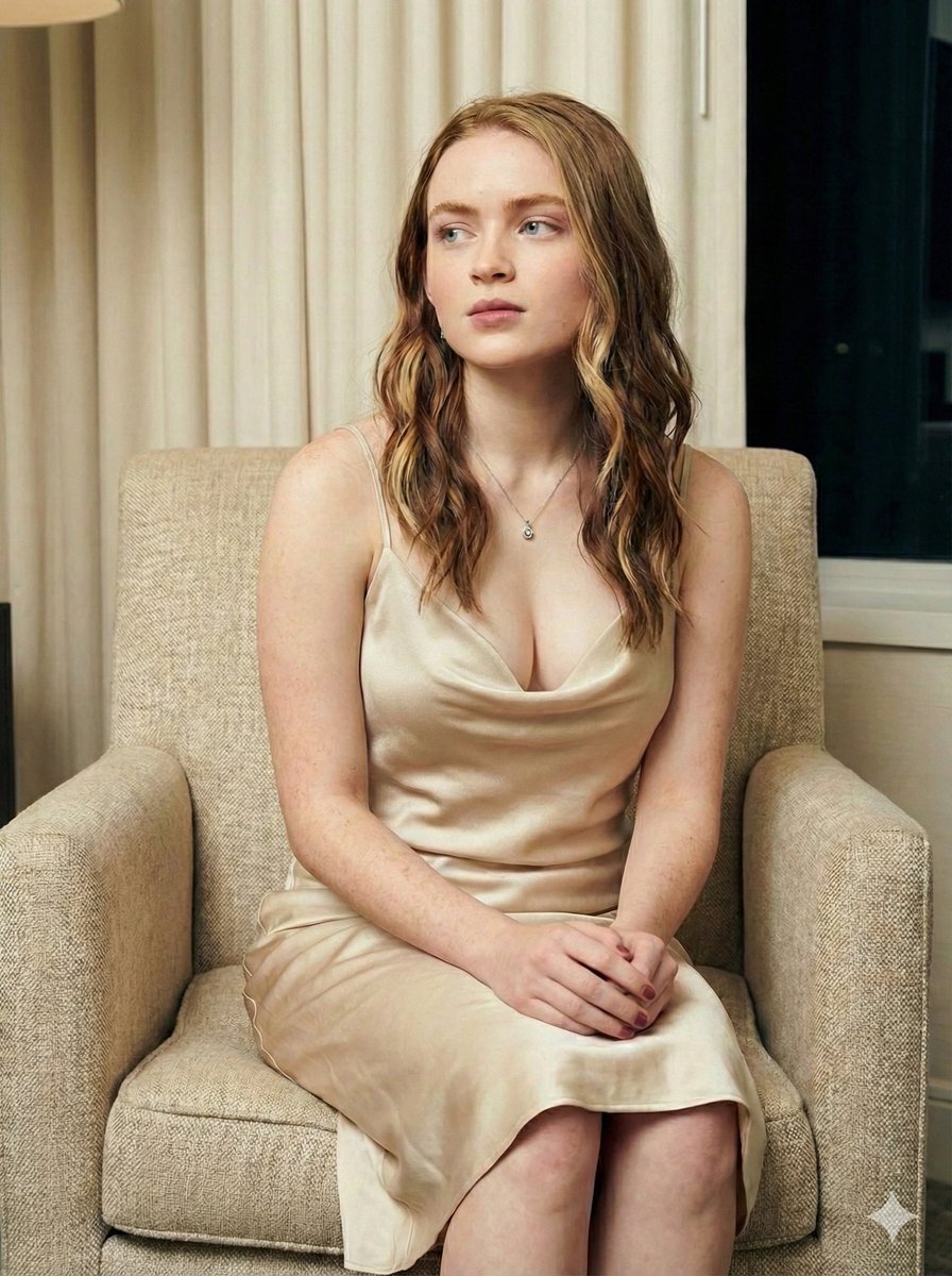 香槟色丝绸裙下的萨迪辛克优雅写真