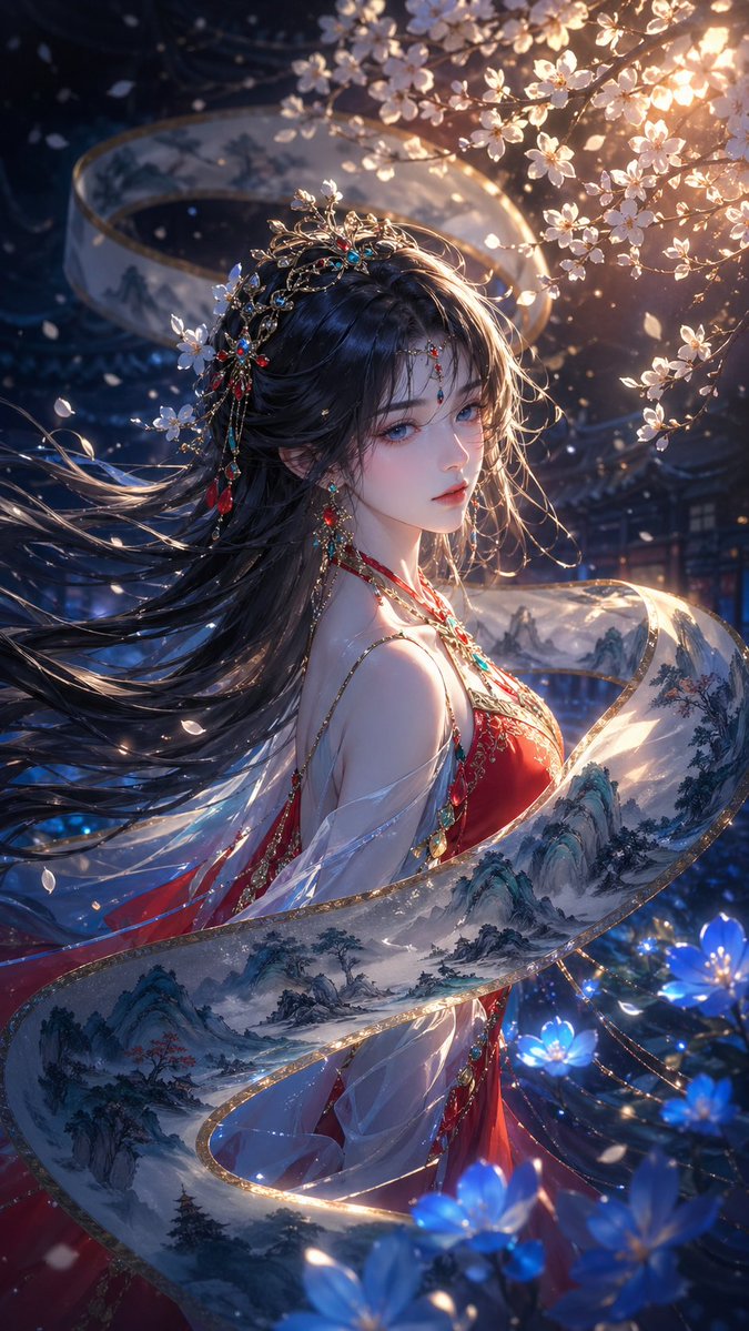 山水长卷环绕的国风少女