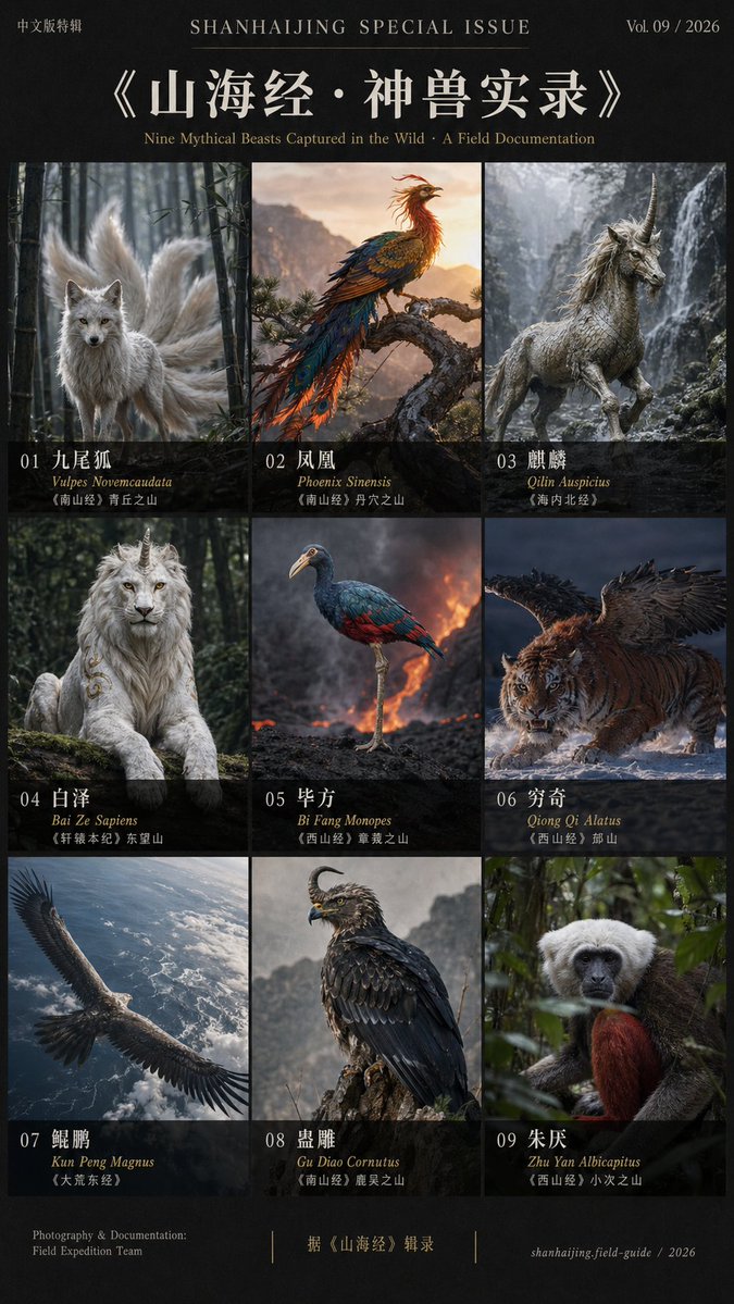 山海经·神兽实录：九宫格国家地理摄影海报