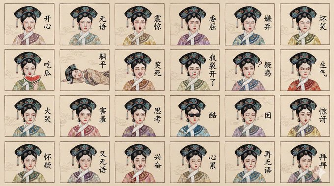 仿真绣苏绣表情包：24格古典美人网格图