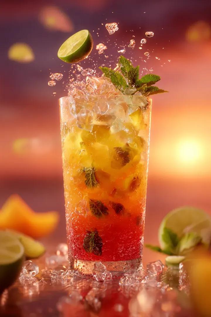 悬浮鲜榨橙汁的慢动作幻境