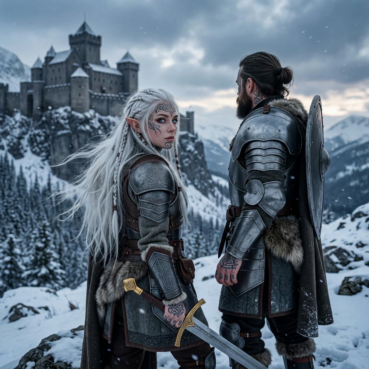 雪中持剑的纹身精灵女骑士