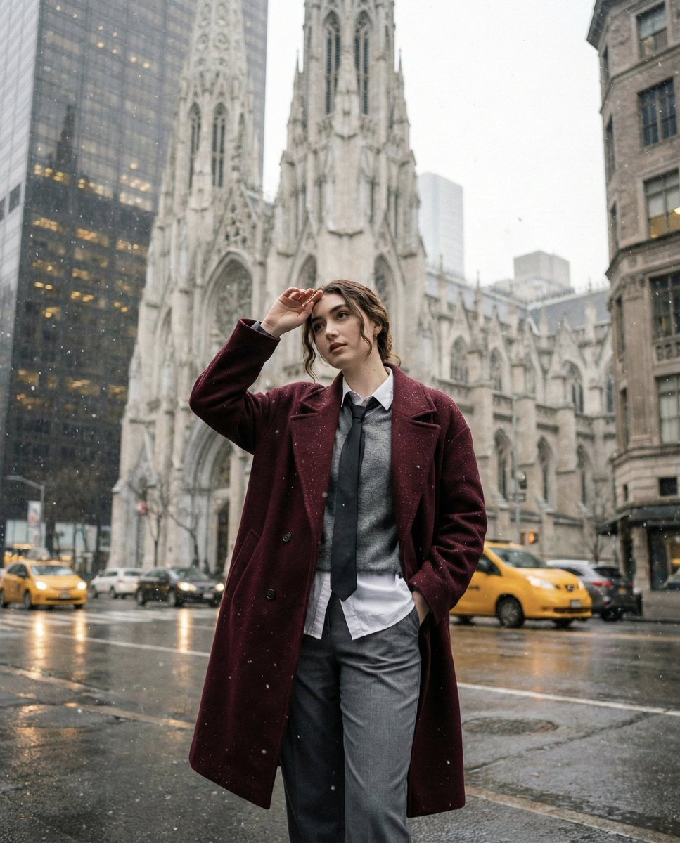 漫天飞雪湿润街头，身披酒红大衣的清冷少女