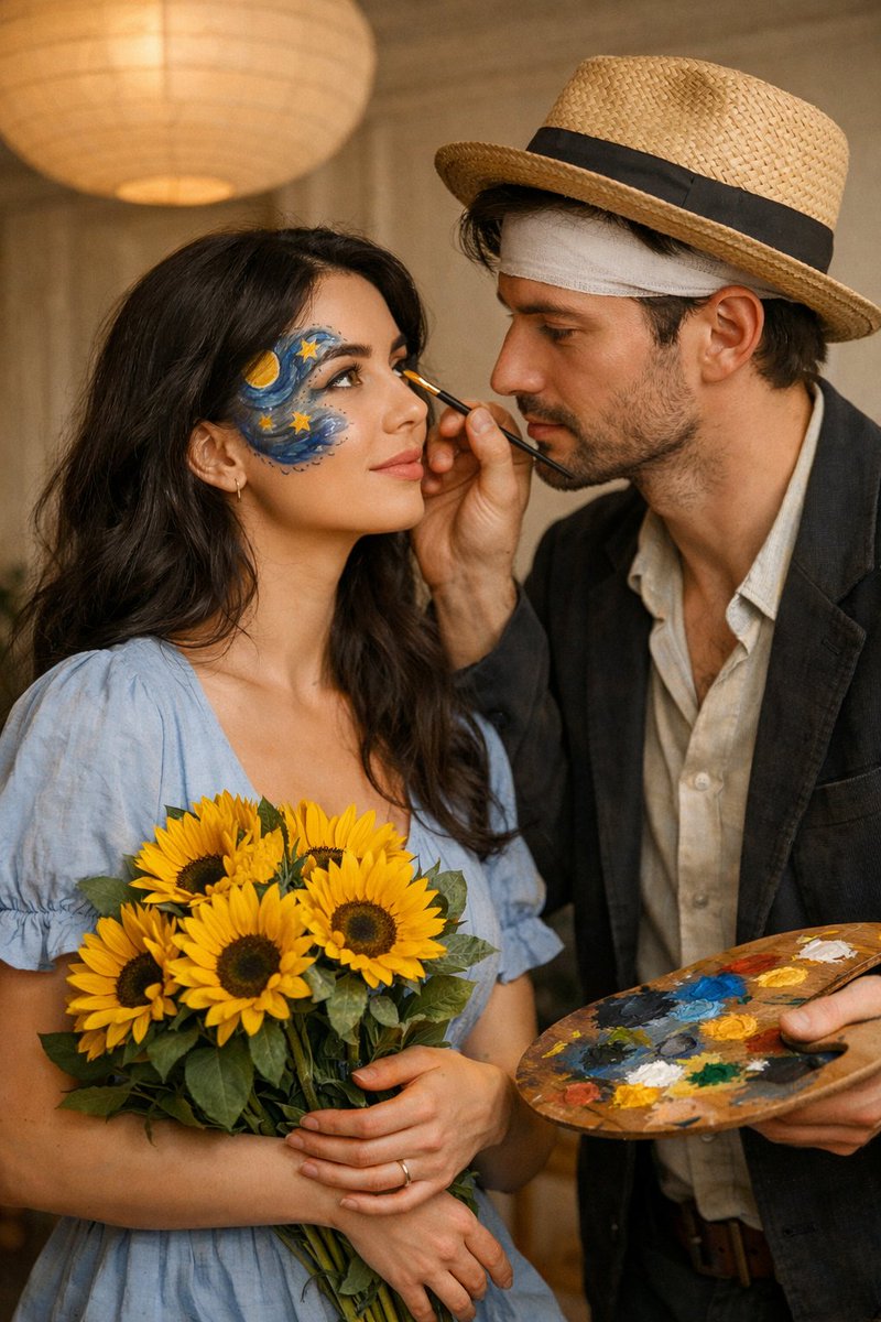 星月夜绘颜：持向日葵的情侣超写实影像