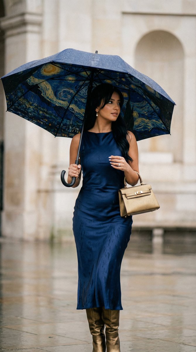 星月夜雨伞下的缎面佳人