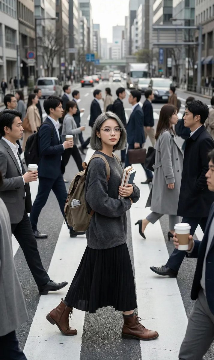 繁华街头的静止少女