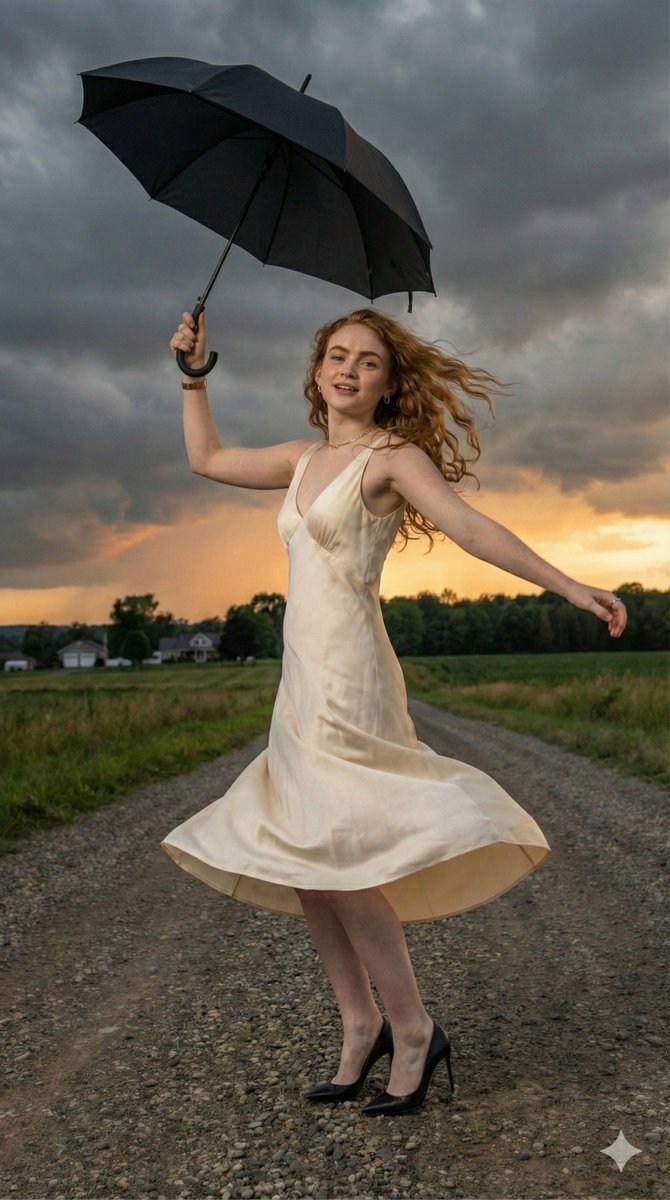 风暴日落下的撑伞丽影