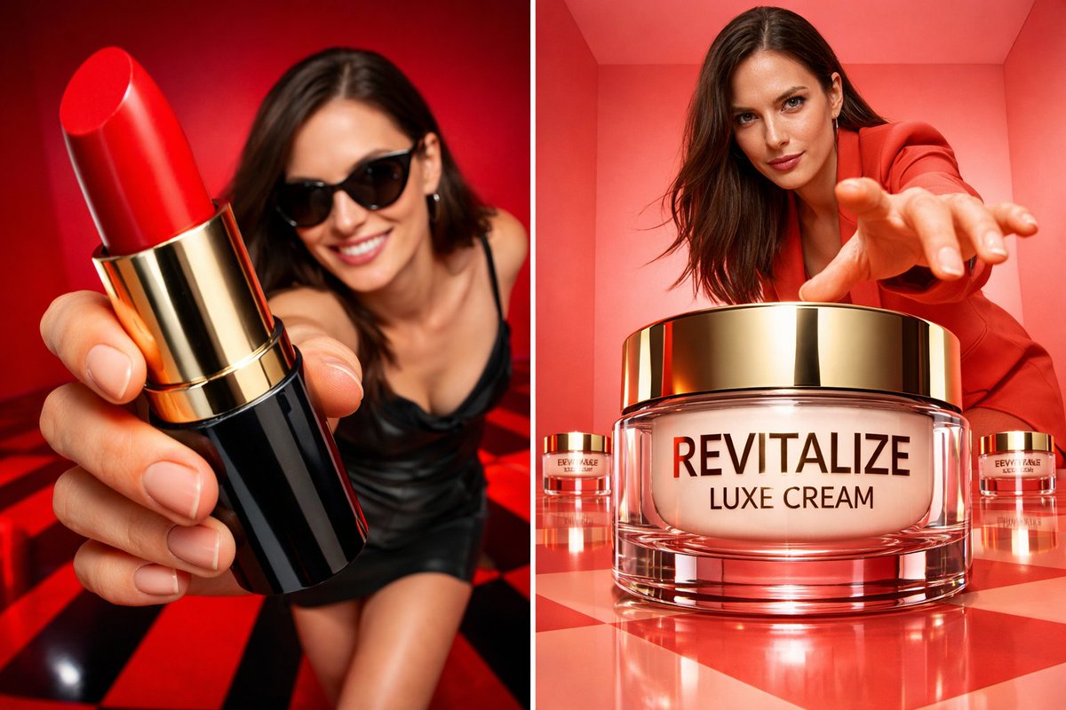 震撼视觉的深红影棚广角美妆大片