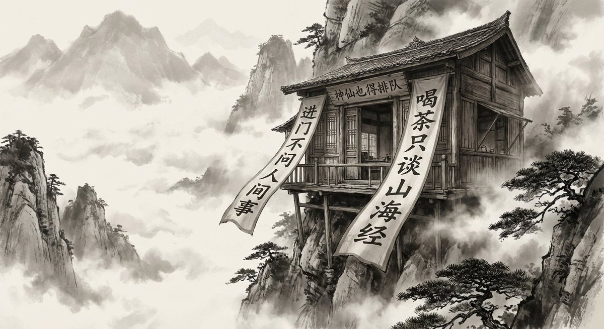 水墨画与写实摄影结合：悬崖茶馆