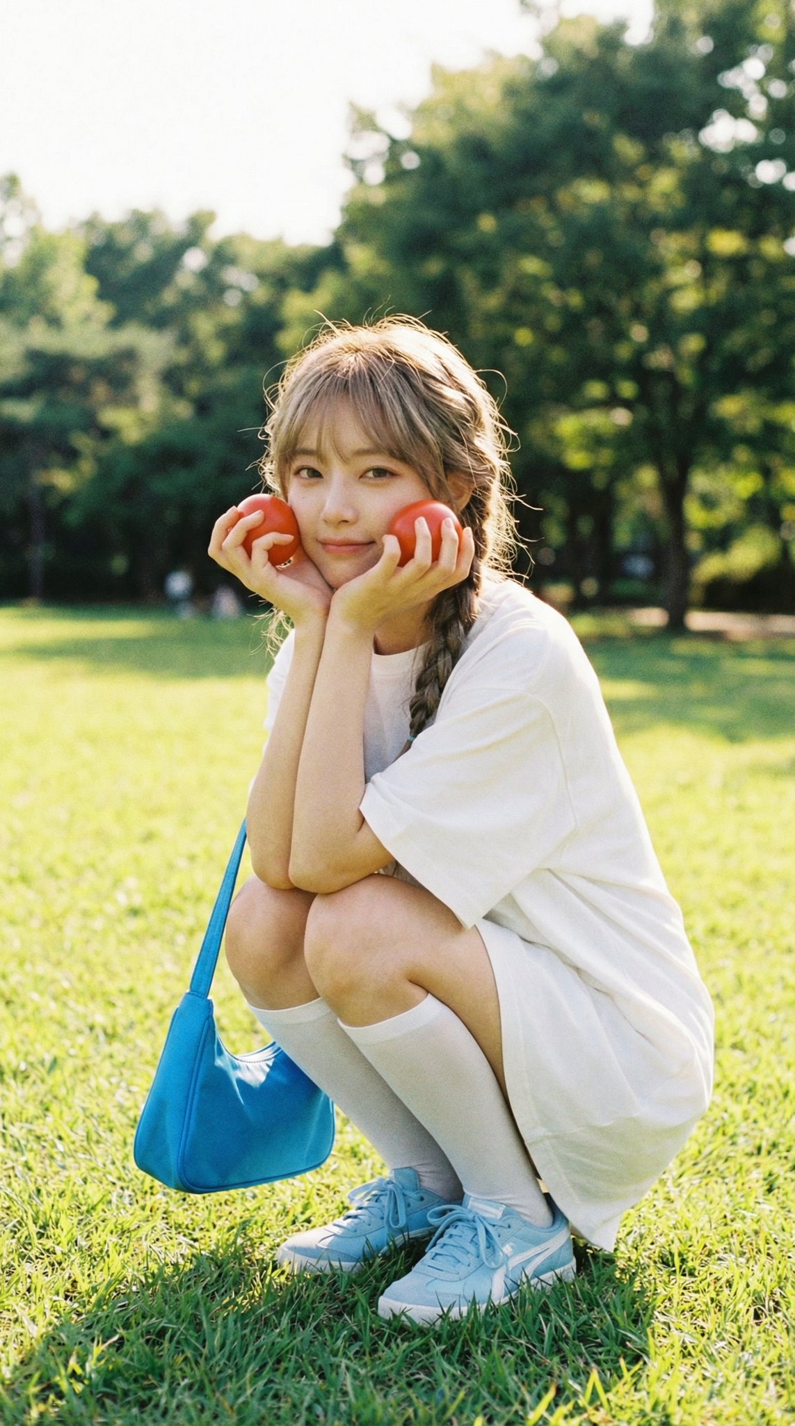 番茄女孩蹲在公园草坪