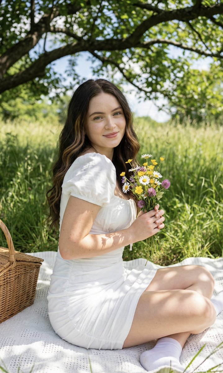 夏日树荫下的浪漫田园野餐少女