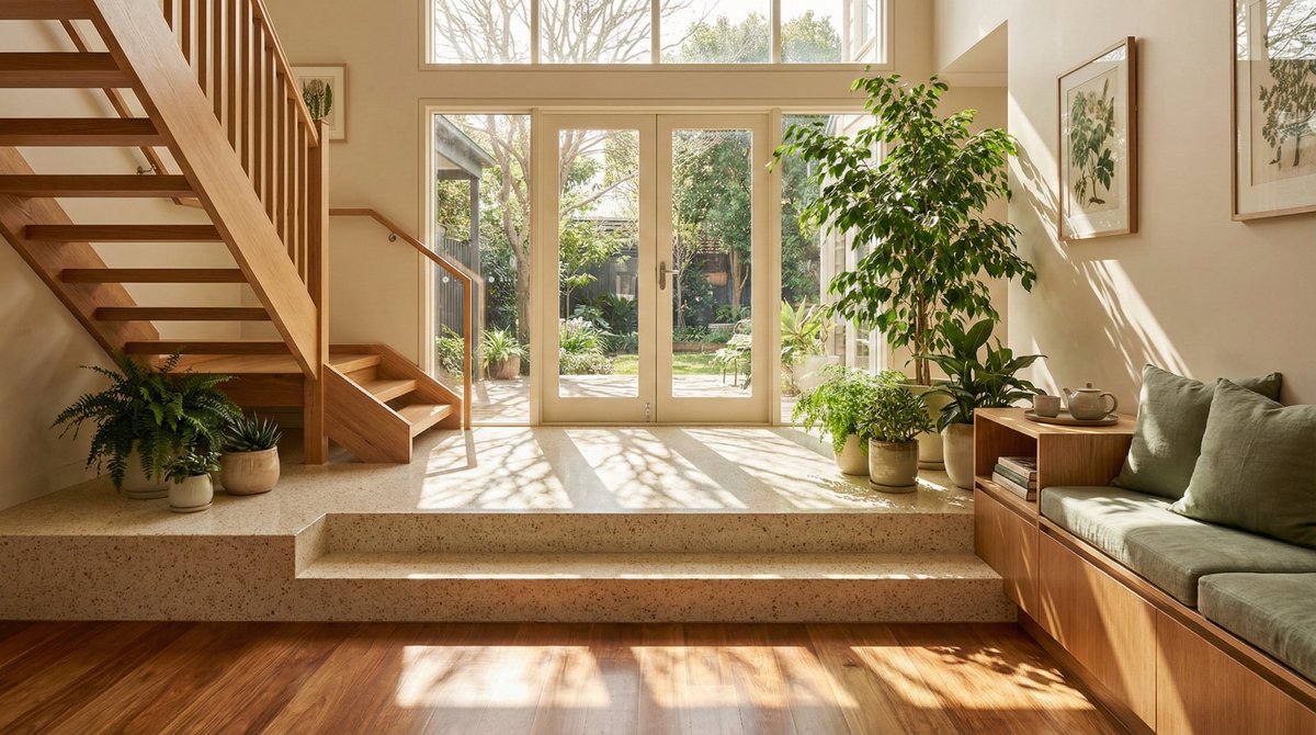 阳光穿透绿影的现代极简玄关