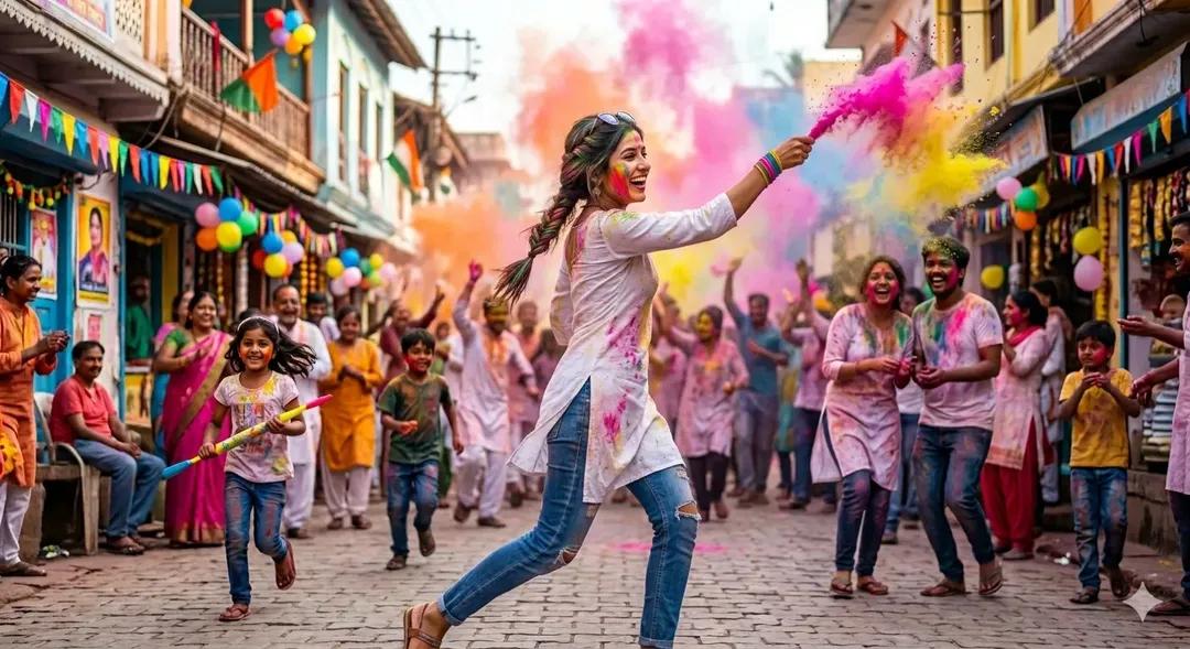 阳光穿透彩粉的洒红节狂欢