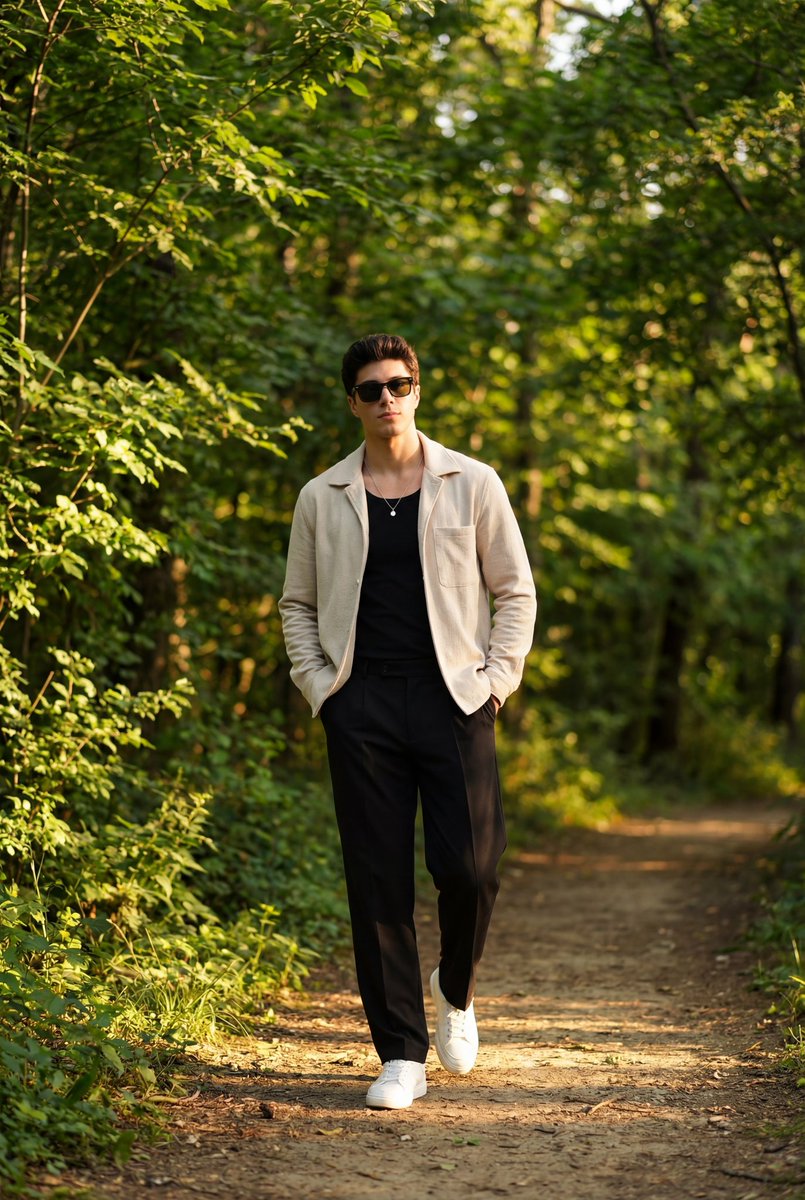 阳光林间漫步的时尚青年