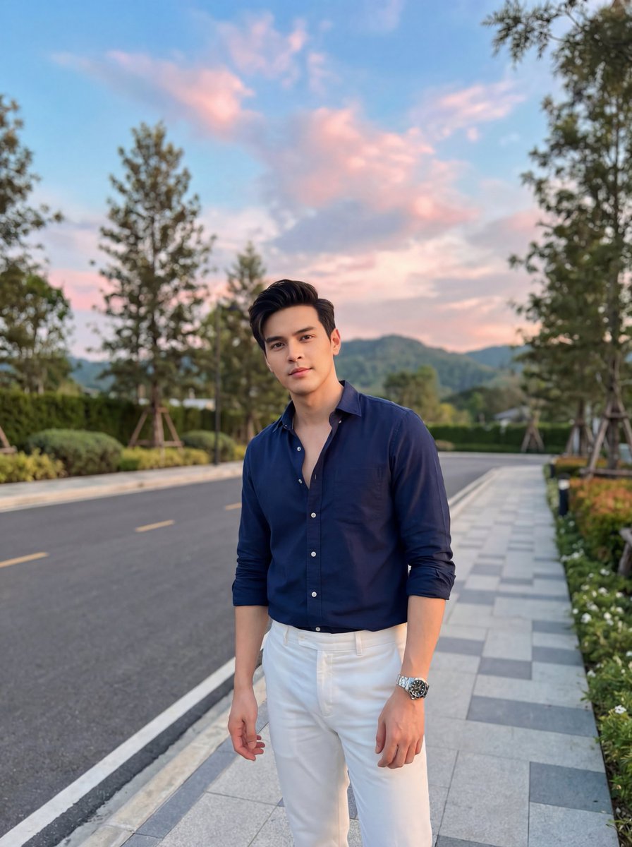 夕阳下的摩登时尚男模