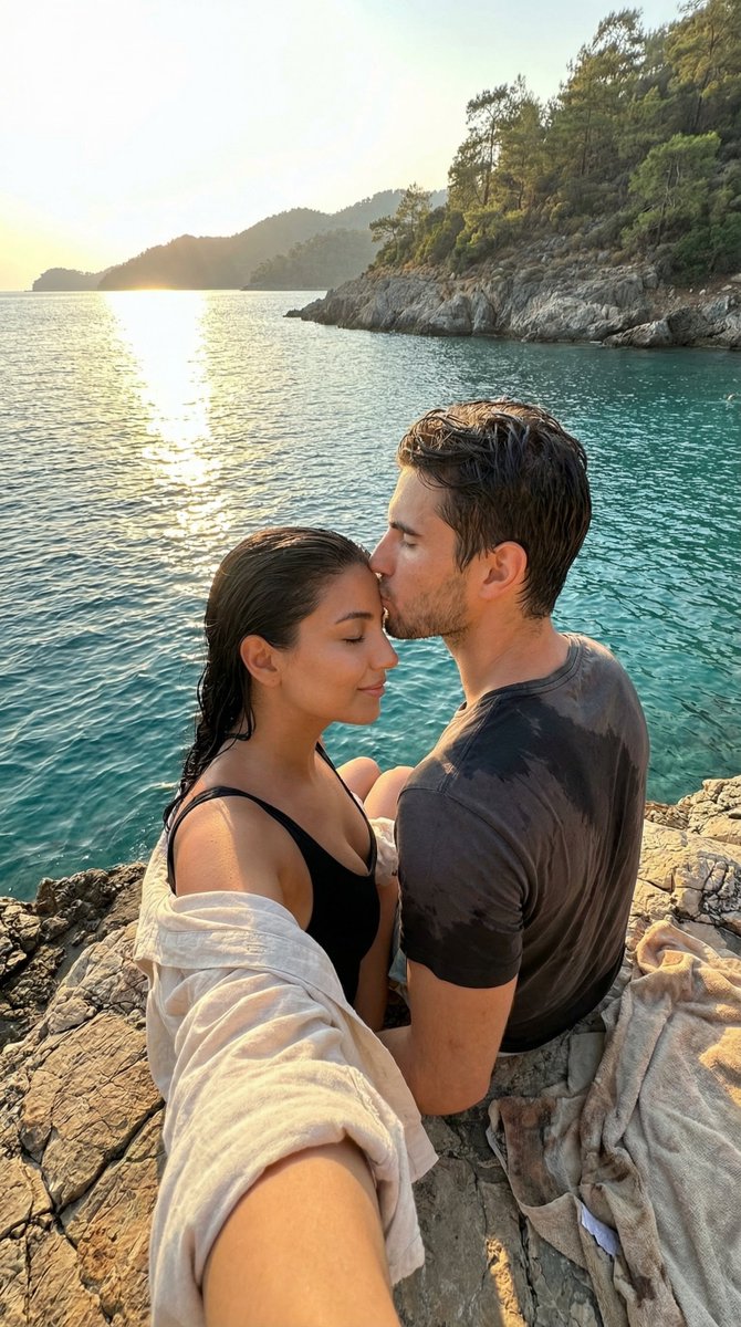 黄昏海岩上的温柔额吻