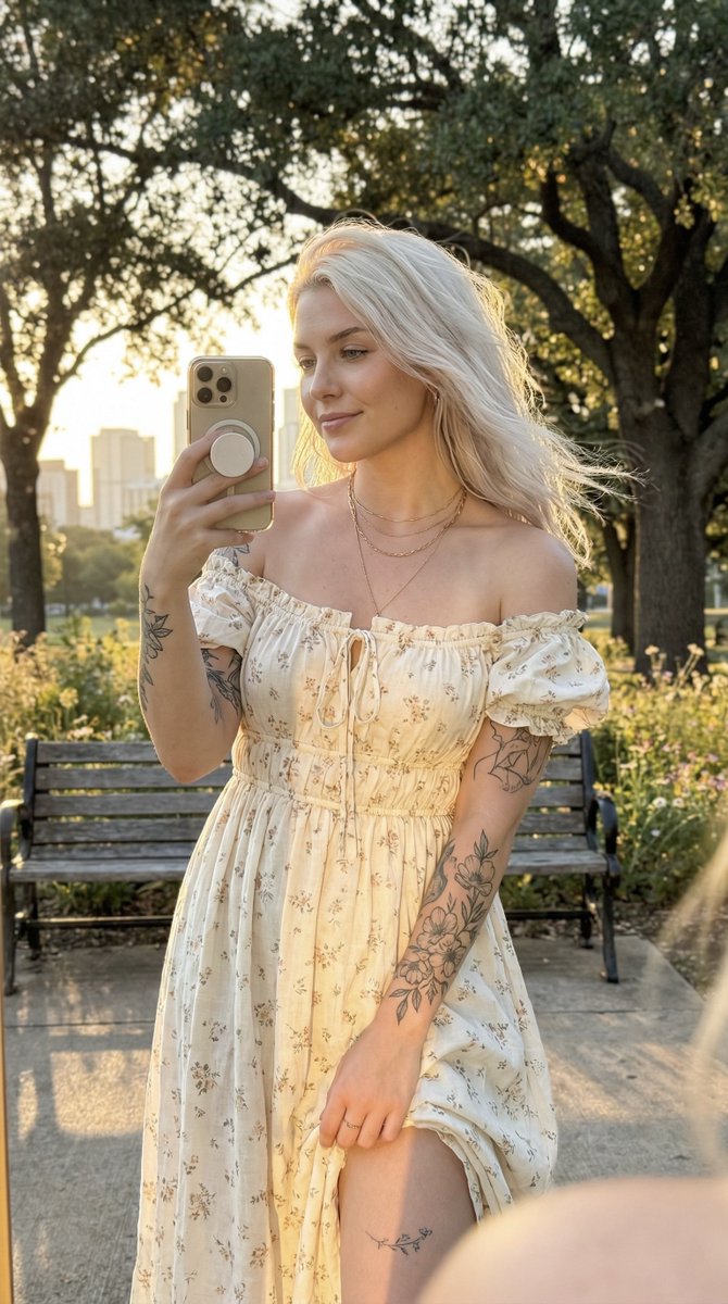 落日余晖下轻抚铂金发的温柔少女