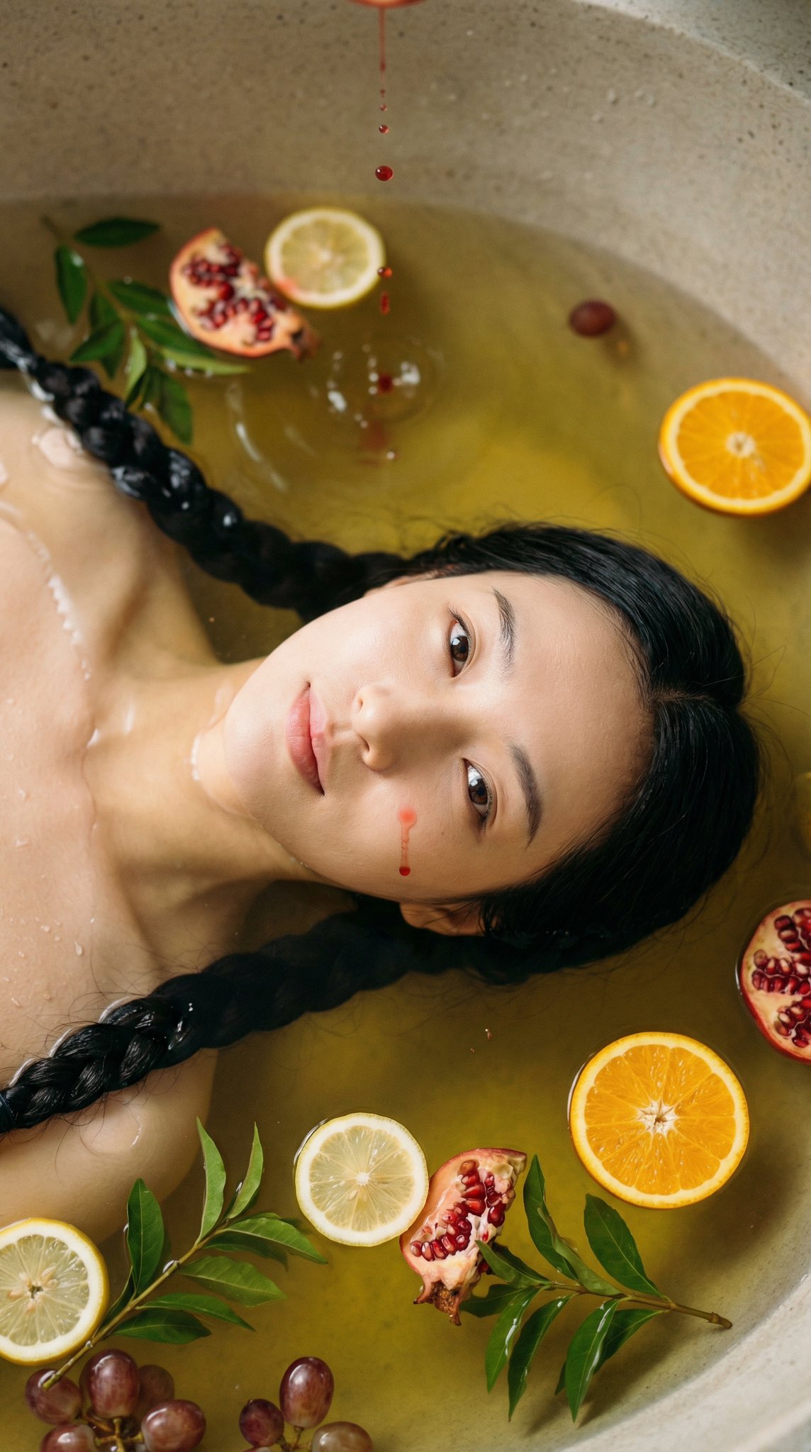 朦胧果浴中的冷艳东方人像