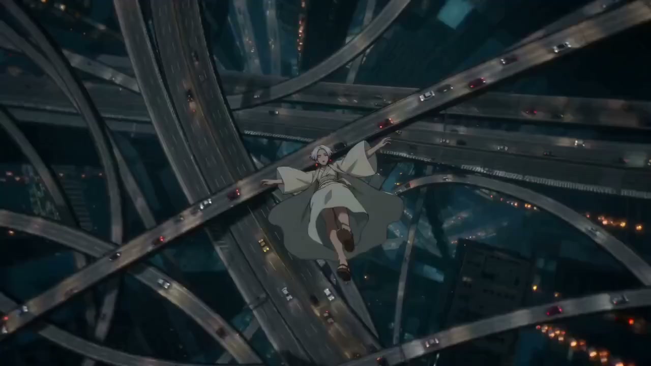未来都市夜空中的漂浮少女