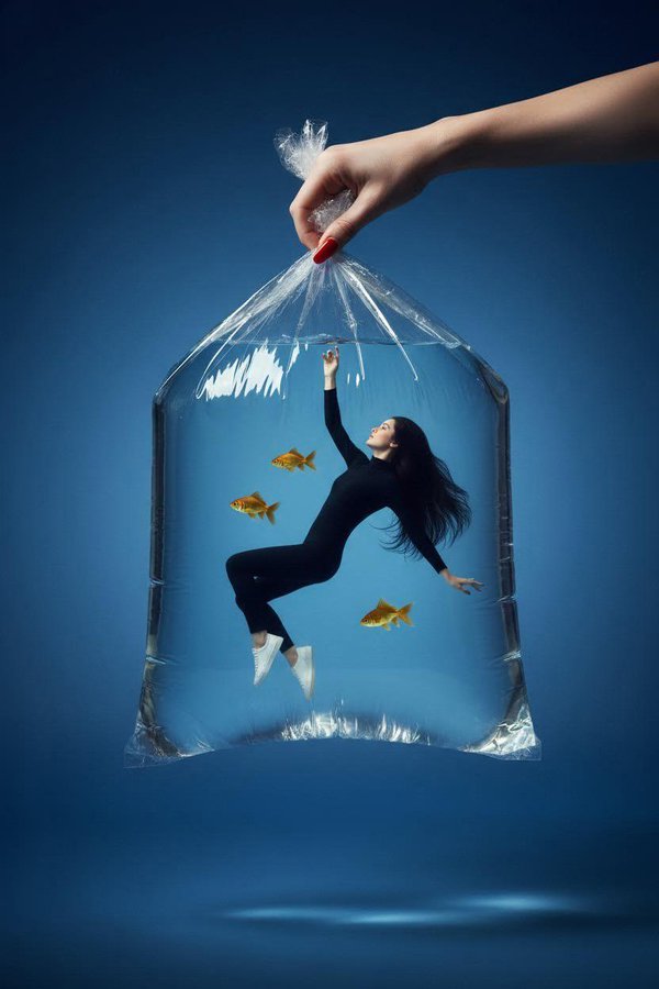 人形金鱼：漂浮在水袋中的超现实时尚摄影