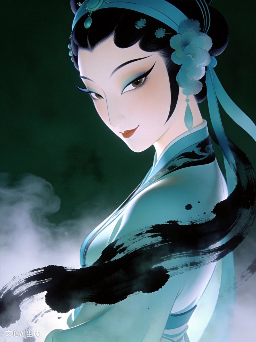墨绿雾光中的青衣仕女侧影