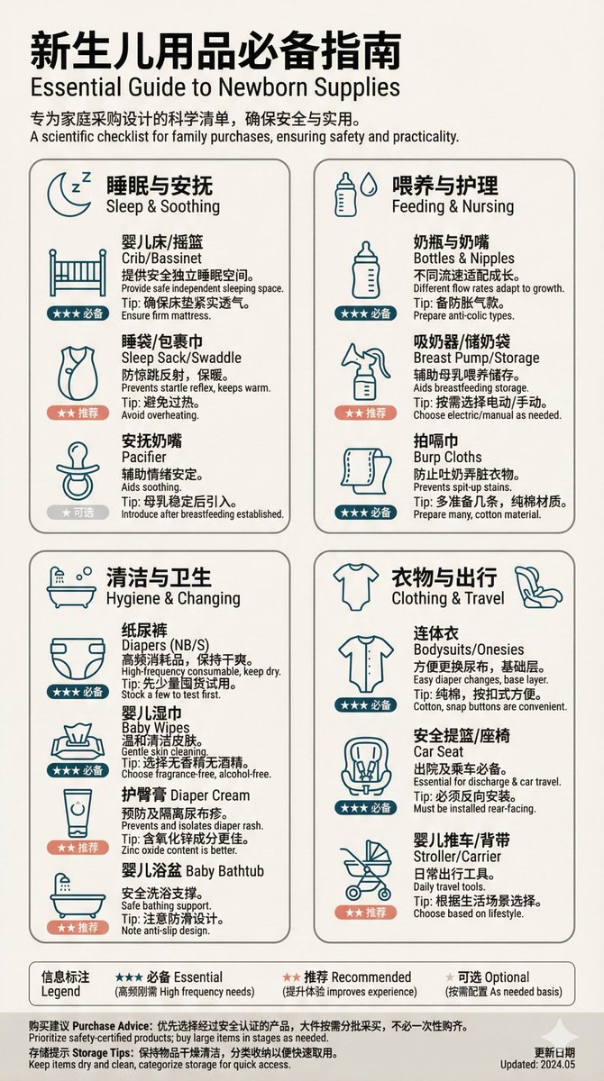 新生儿用品必备指南：瑞士风格信息图