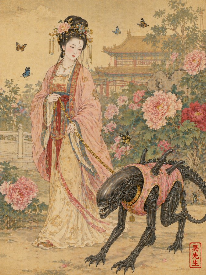 唐朝贵妇遛粉色马甲异形工笔画