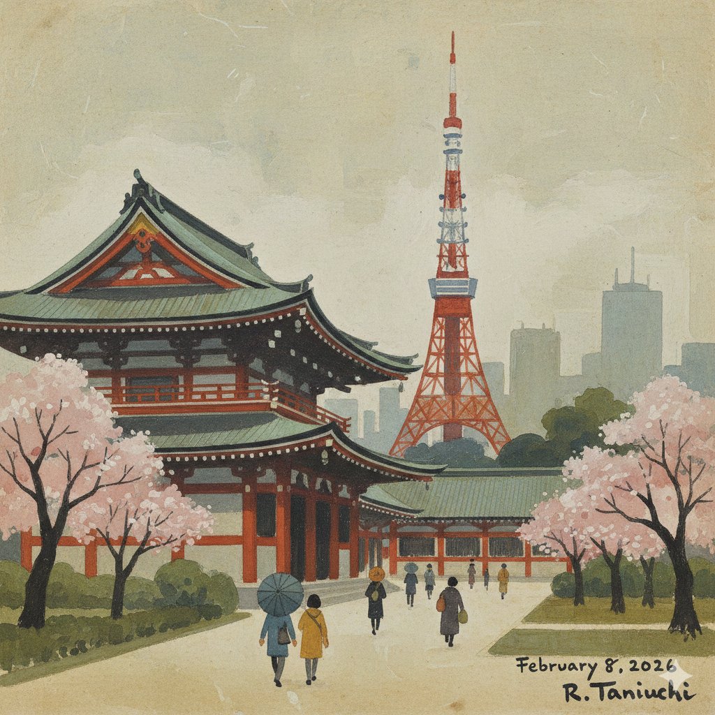 谷内六郎风格绘制的增上寺