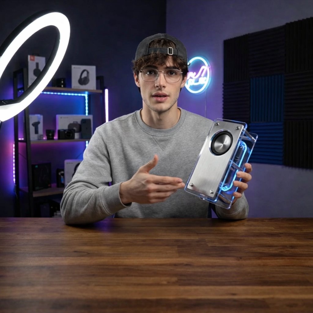 科技博主演示复古未来主义音箱