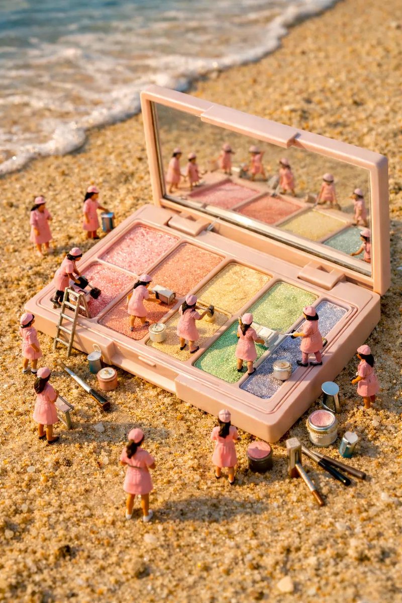 沙滩上的微缩工人正在绘制色块