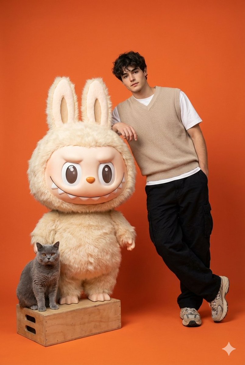 潮男倚靠巨型潮玩的橙色影棚大片