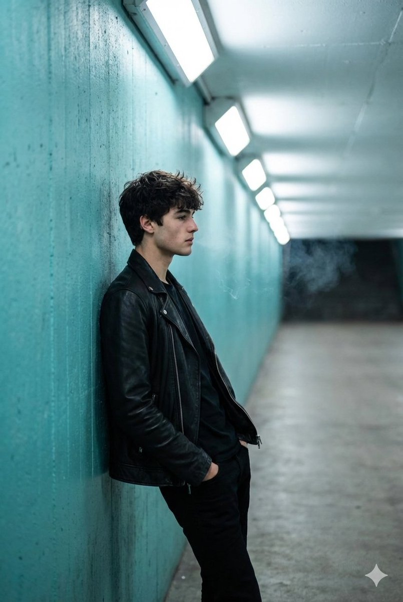 青绿隧道皮衣少年的孤独侧影