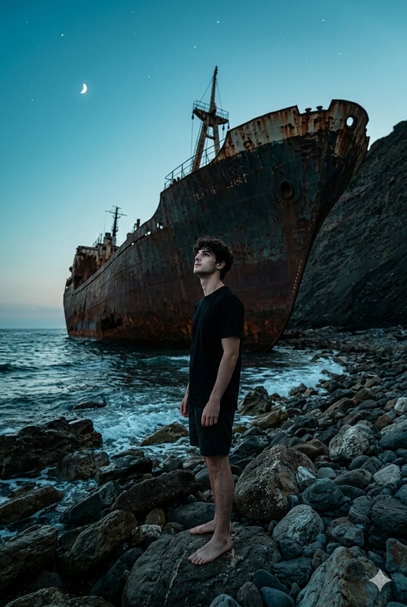 暮色海滩仰望巨轮残骸的男人