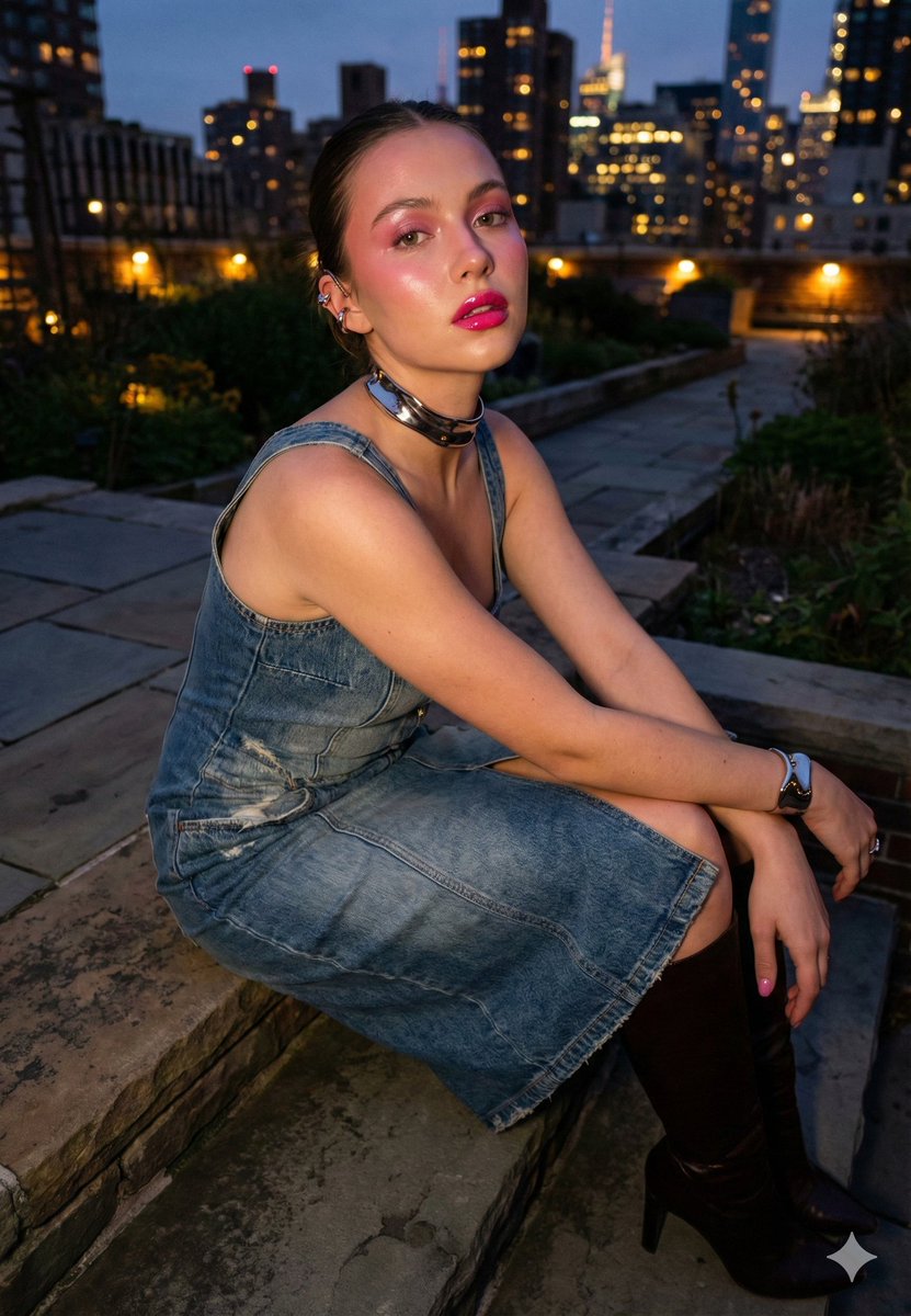 暮色屋顶的冷艳牛仔女郎