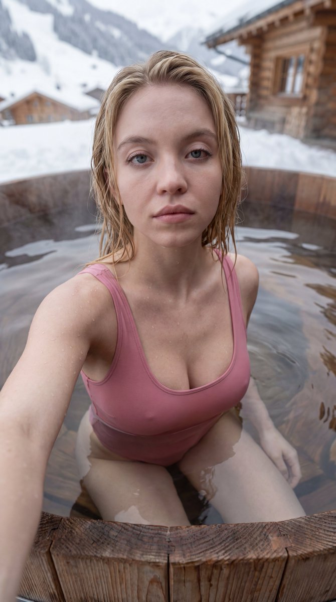 暮光雪山温泉中的素颜湿发自拍