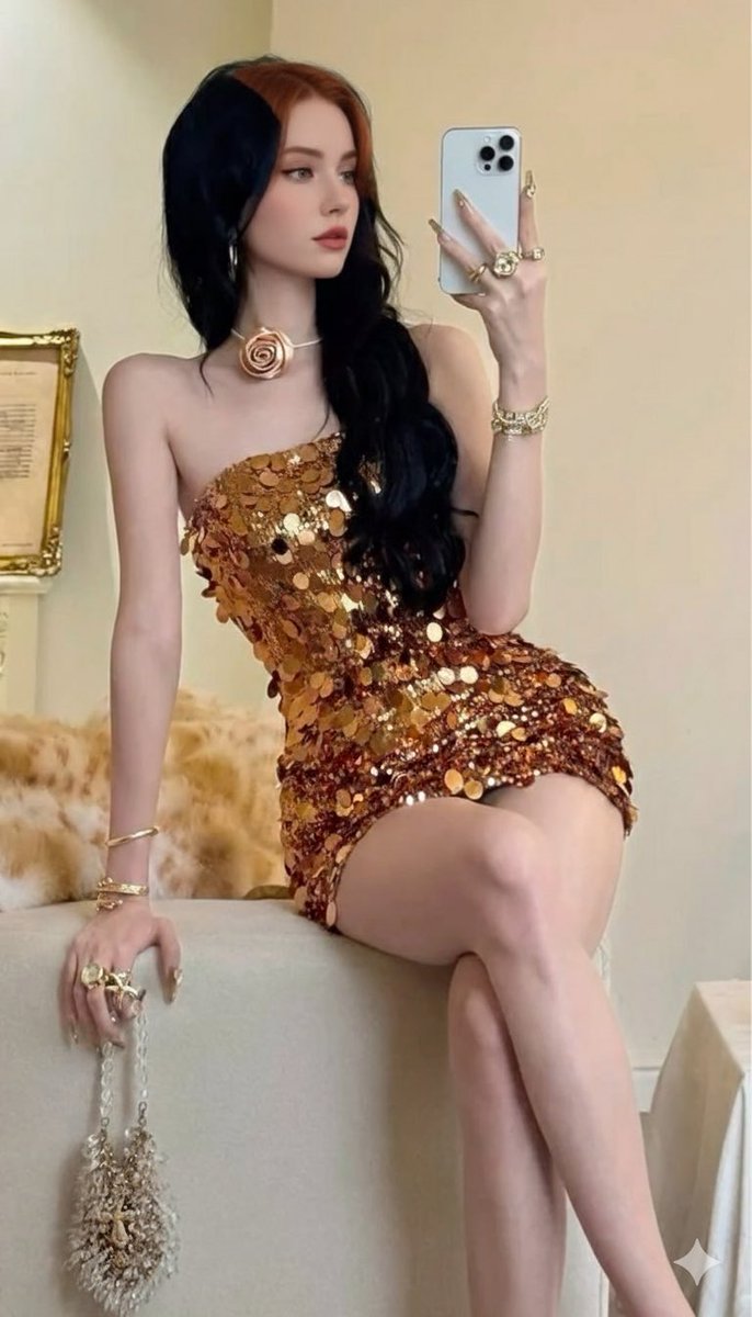 玫瑰金亮片裙镜前自拍