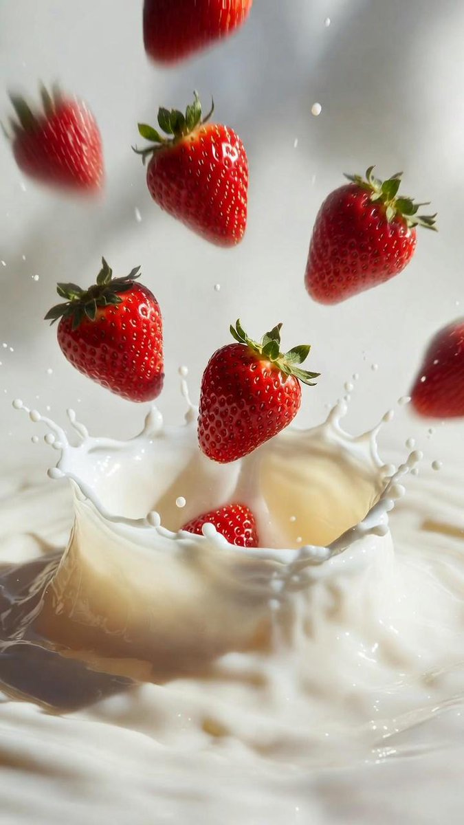 极致微距下的鲜红草莓坠入丝滑牛奶