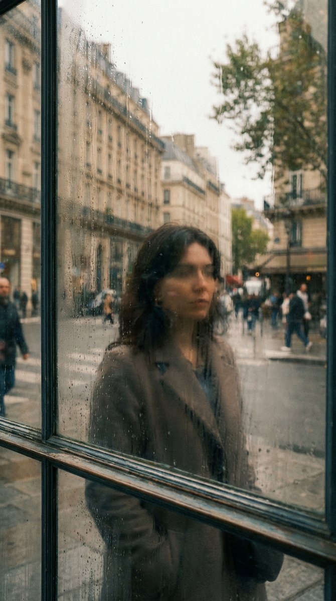 窗玻璃折射的朦胧都市丽人