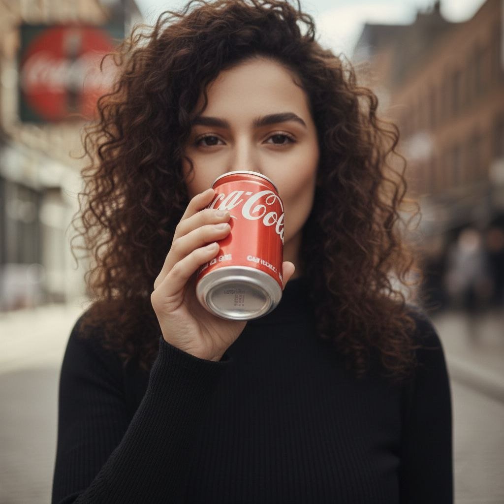 城市街头手持红罐苏打水的时尚电影感女郎