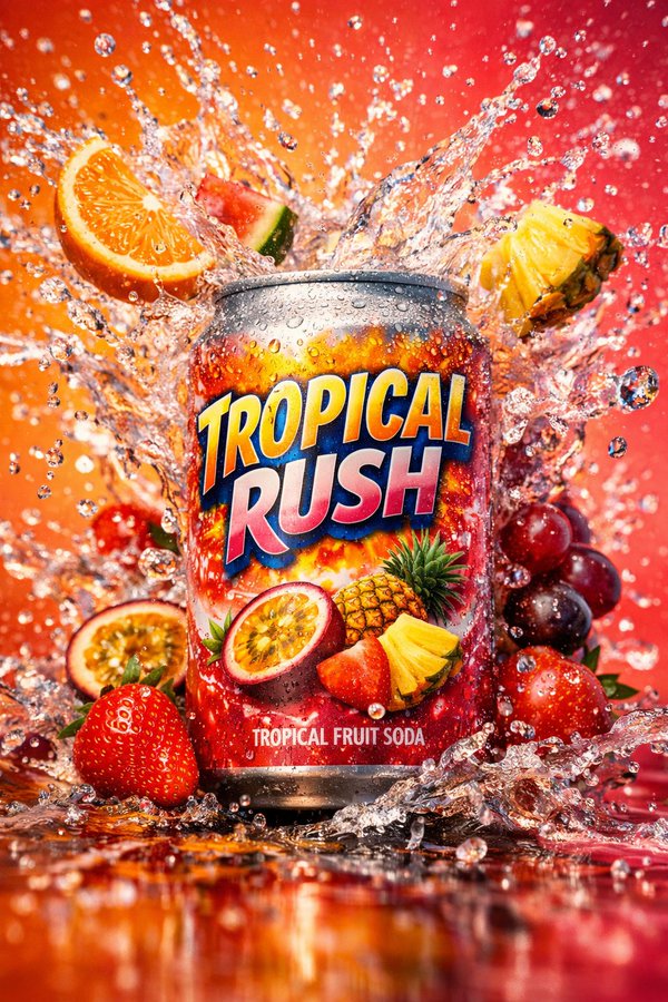 鲜艳霓虹光影下的动感苏打水飞溅商业海报