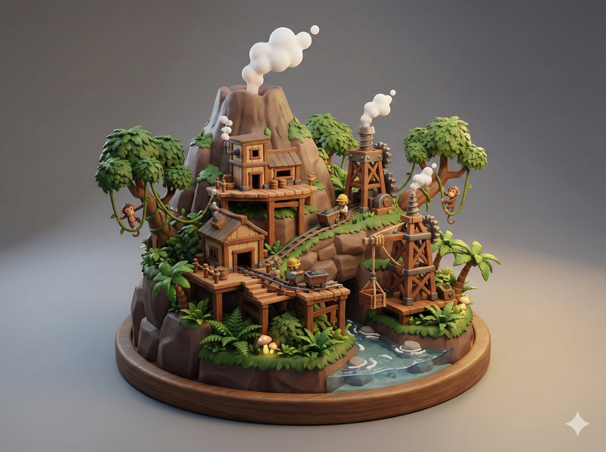 藤蔓缠绕的火山矿坑微缩盲盒