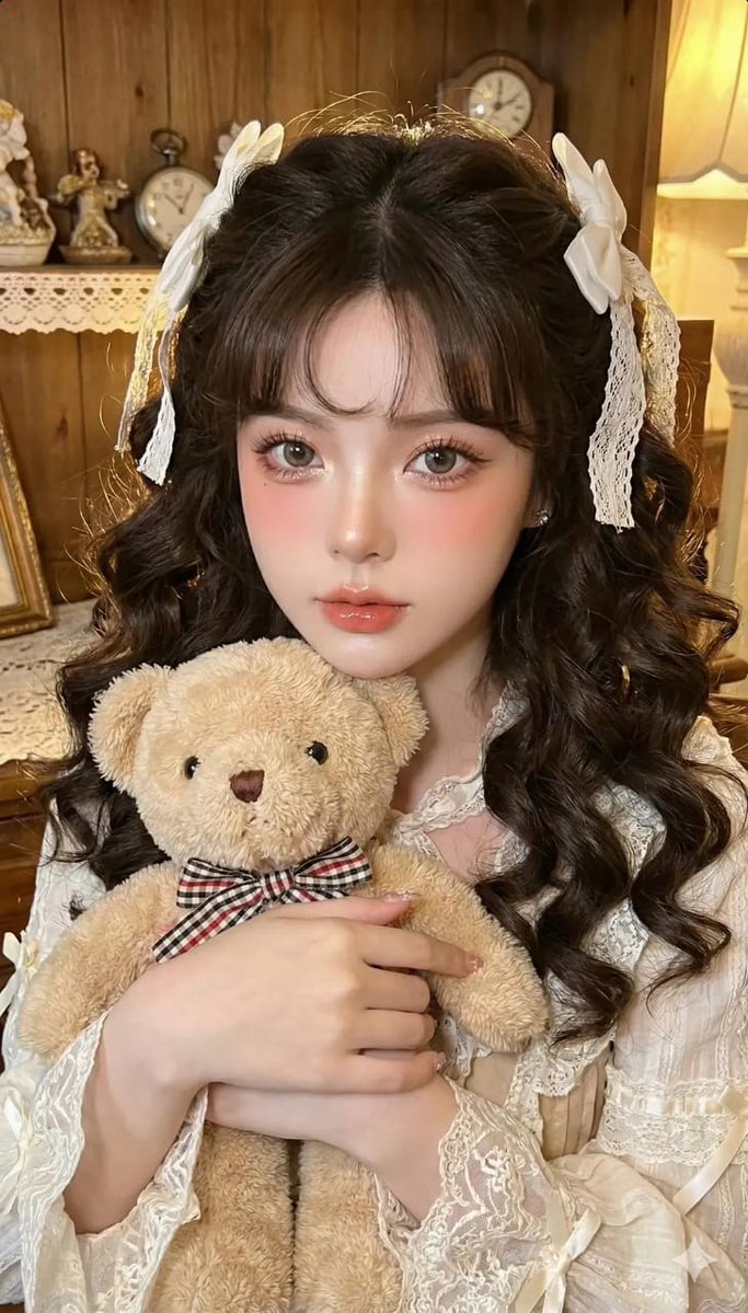 瓷娃娃女孩与泰迪熊的复古浪漫
