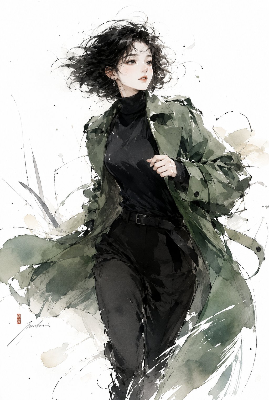 风中橄榄绿风衣少女