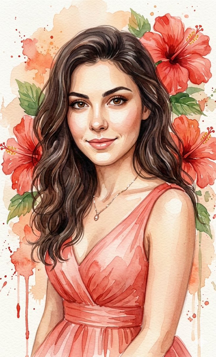 浅红舞裙与红木槿的水彩佳人