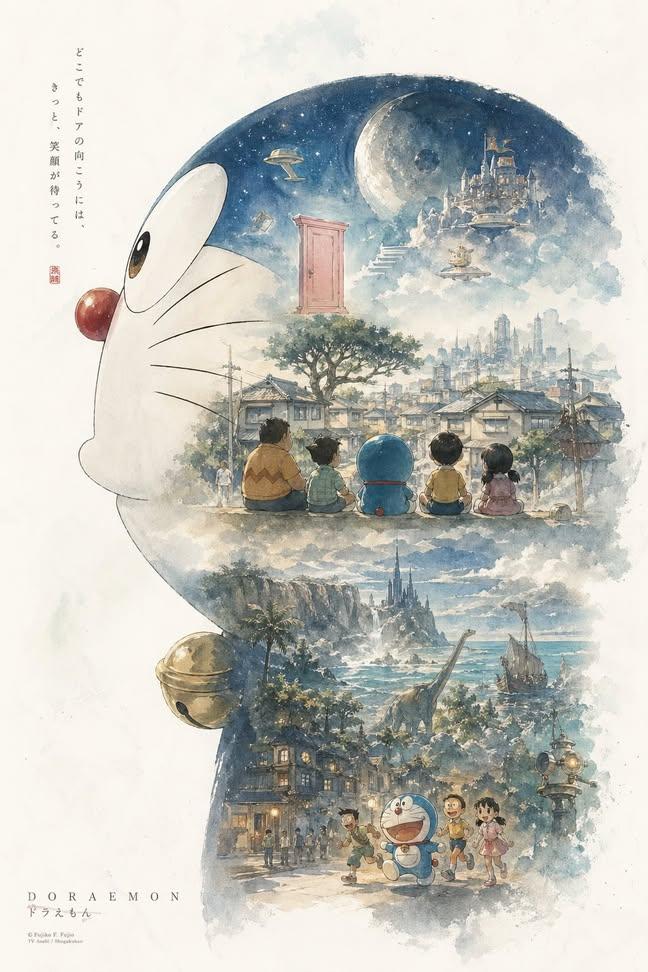 哆啦A梦剪影里的梦境水彩