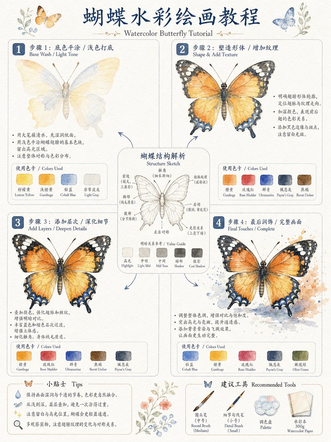 玫瑰水彩四步绘画教程