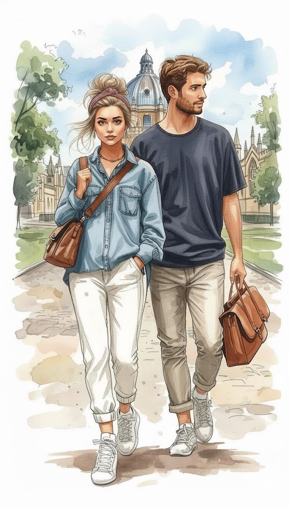 水彩时尚情侣校园漫步插画