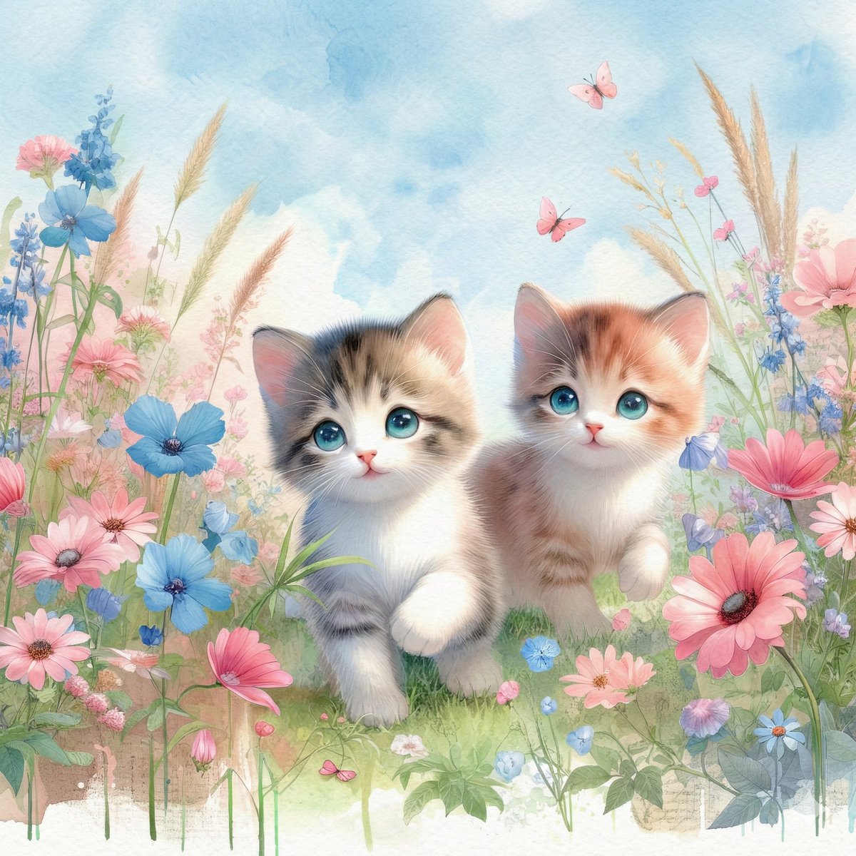 花园漫步的双子小猫水彩梦