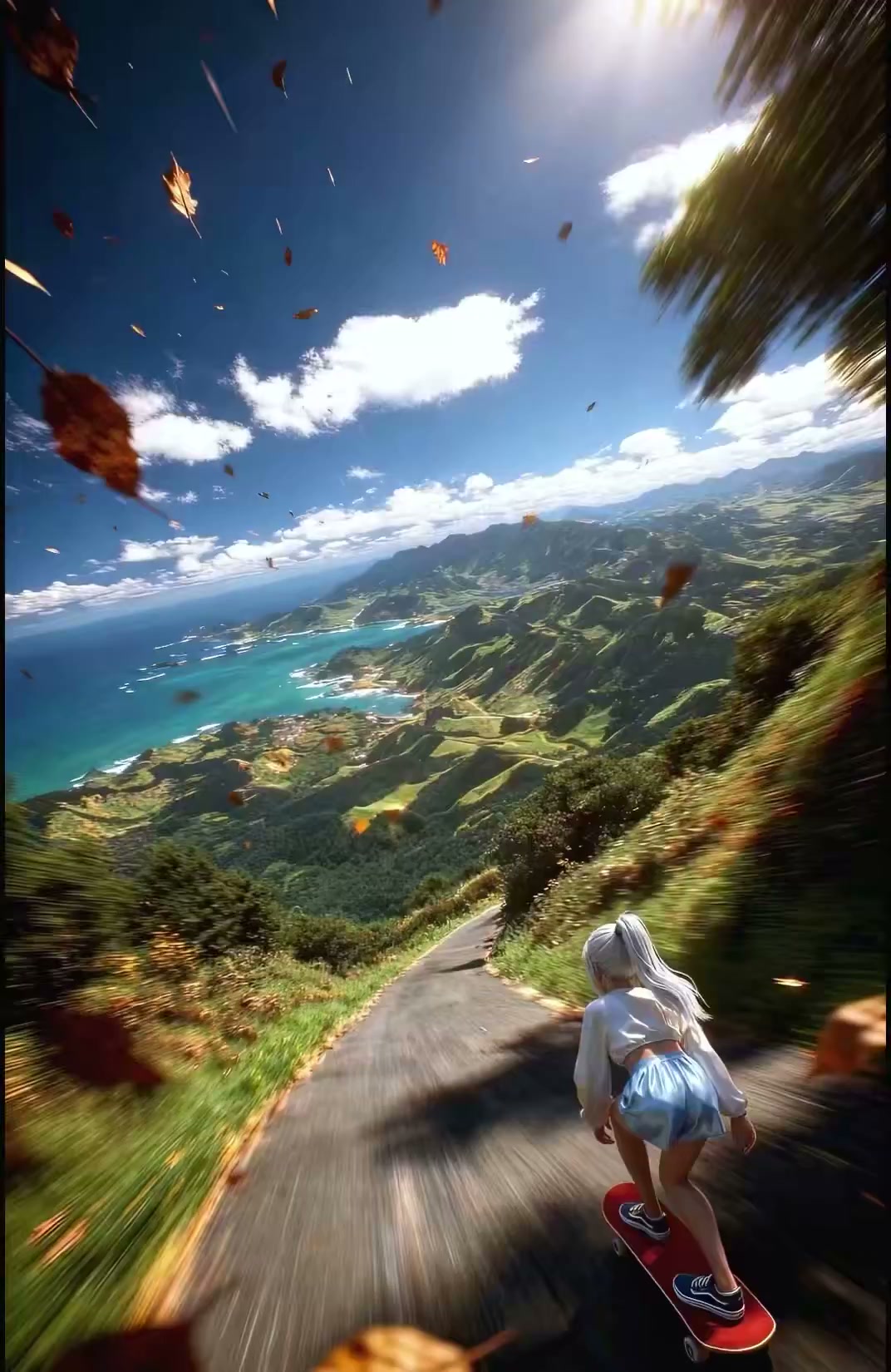 白发少女滑板疾驰下的夏冬魔法变换