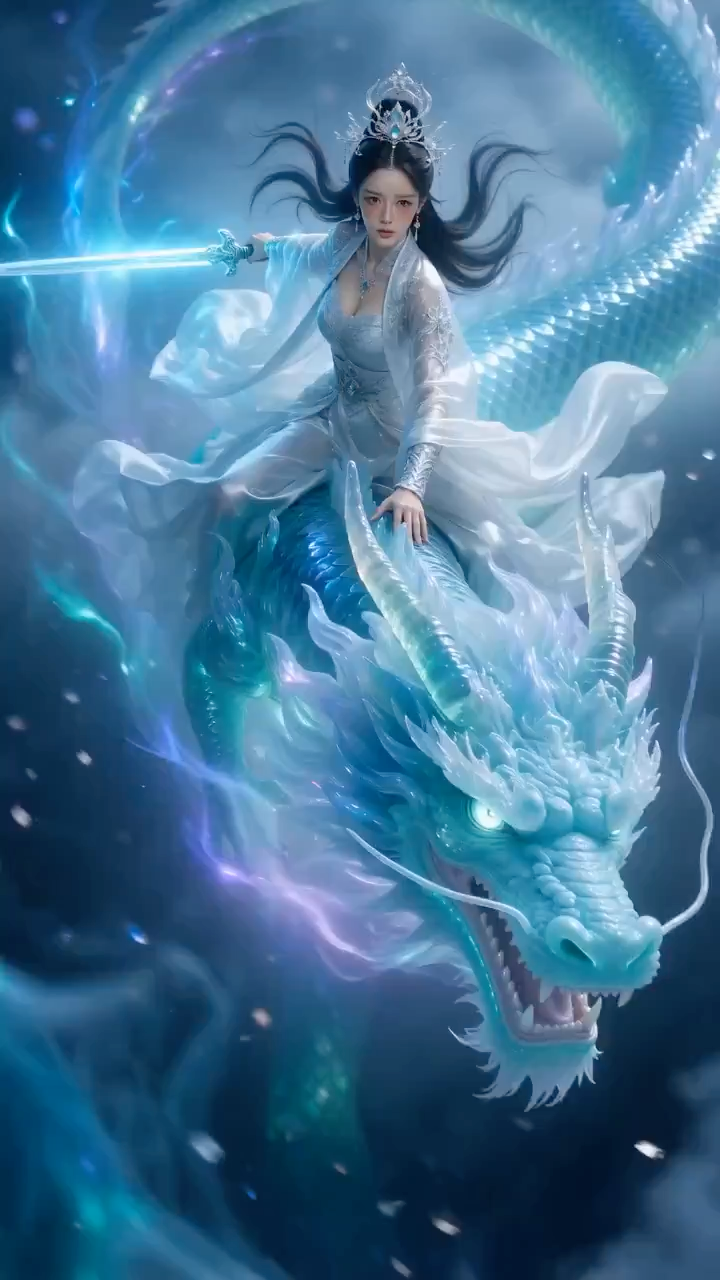 月下镜湖上的青龙仙侠少女